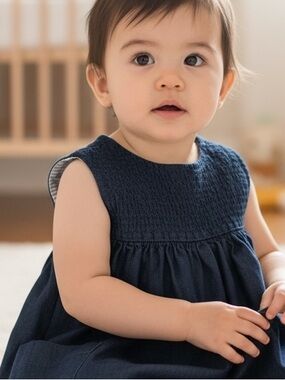 Jacadi Chamberey Denim Baby Girl Two Tone Dress Six Month